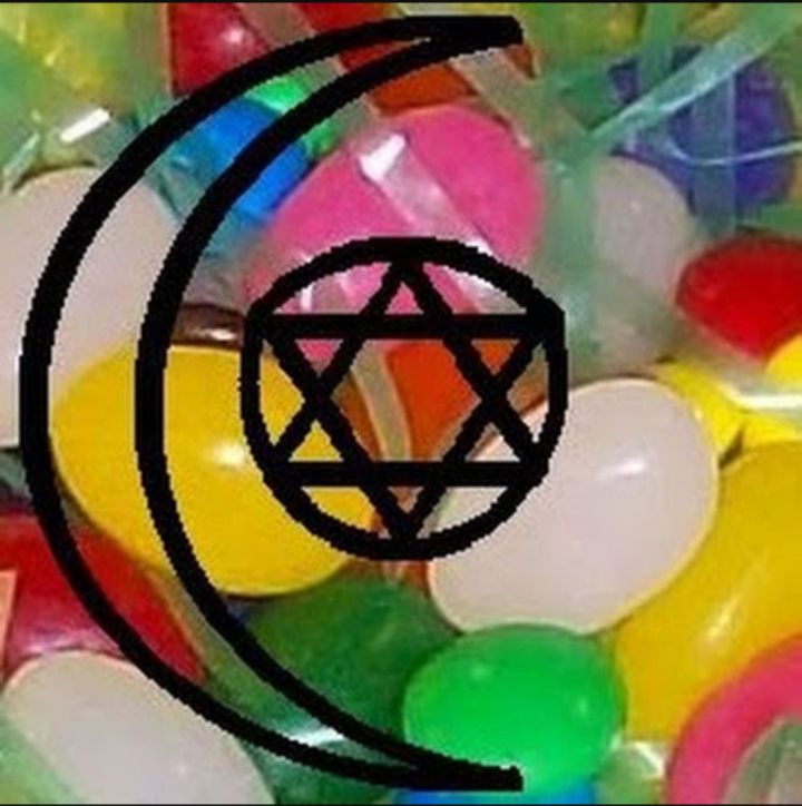 Photograph of jelly beans mixed in with Easter basket 'grass.' Photo is overlaid with line drawing of crescent moon next to six-pointed star inside a circle.